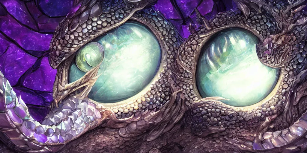 Image similar to A beautiful detailed painting of a crystal dragon eye with shiny scales, geode, quartz, amethyst. John Howe, Andreas Rocha, dynamic lighting, dramatic lighting, cinematic lighting, sharp, reflective, unreal engine, featured on artstation, physically based rendering, polarizer filter