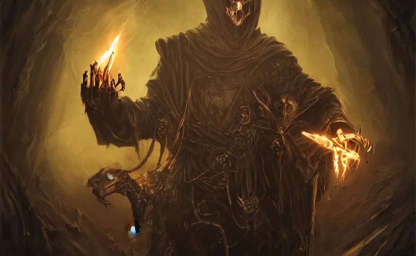 Image similar to portrait of a humanoid rat sorcerer with a rat skull face, laser eyes in the rat skull, dark hooded sorcerer robes, fantasy, d & d, greg rutkowski, frank frazetta, intricately detailed, impressive lighting, misty environment, holding a blue fire in each hand, power stance, ultimate power, doom, 8 k hdr