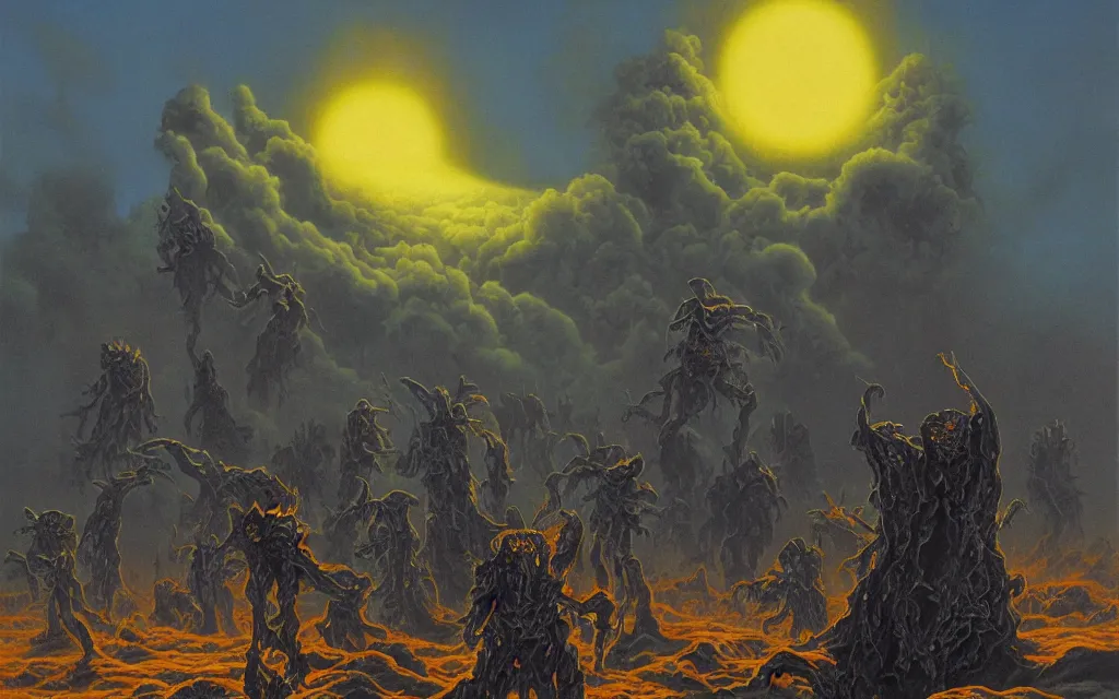 Image similar to black dead sun howling radioactive dread sun of the void above the tomb wastes, award winning oil painting by Michael Whelan, nuclear color palette