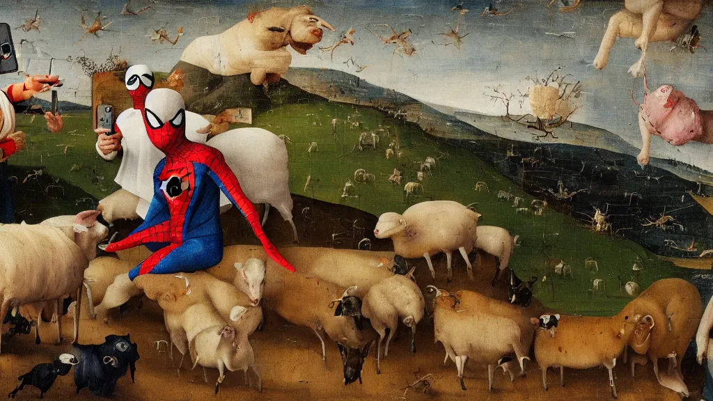 Image similar to A butcher and sheep wearing a spiderman costume taking a selfie smiling, in the fashion of Hieronymus Bosch, oil on canvas, painting, 4k, wide shot