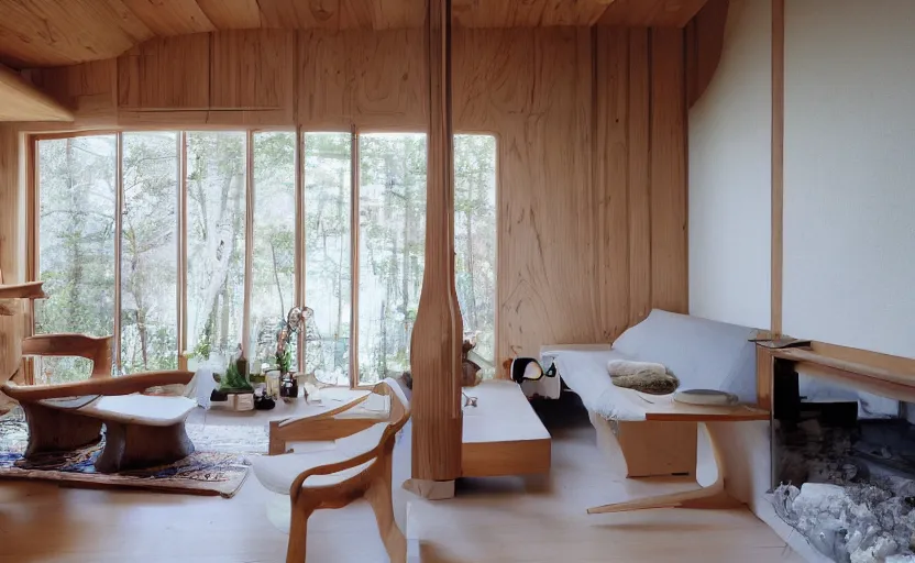 Image similar to luxurious wooden cottage by alvar aalto, modern Japanese living room, Japanese flower arrangements, coherent composition, architecturally accurate, architecture photography