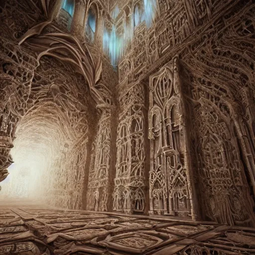 Image similar to a beautiful 3 d painting of a huge sprawling fractal cathedral interior populated by mandelbrot fractals by android jones, unreal engine, carved stone, carved soap, white color scheme, volumetric lighting, octane render, dramatic lighting, glowing, carved marble, opalescent, sacred geometry, religious, angelic, catholicpunk, stark, trending on artstation