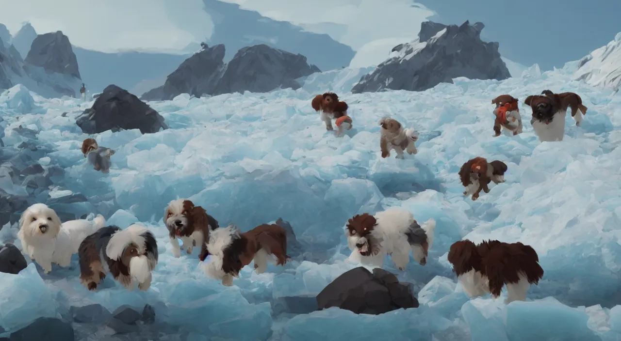 Prompt: havanese dogs and arctic explorers, crossing glaciers, 1 9 0 0, tartakovsky, atey ghailan, goro fujita, studio ghibli, rim light, harsh midday lighting, clear focus, very coherent