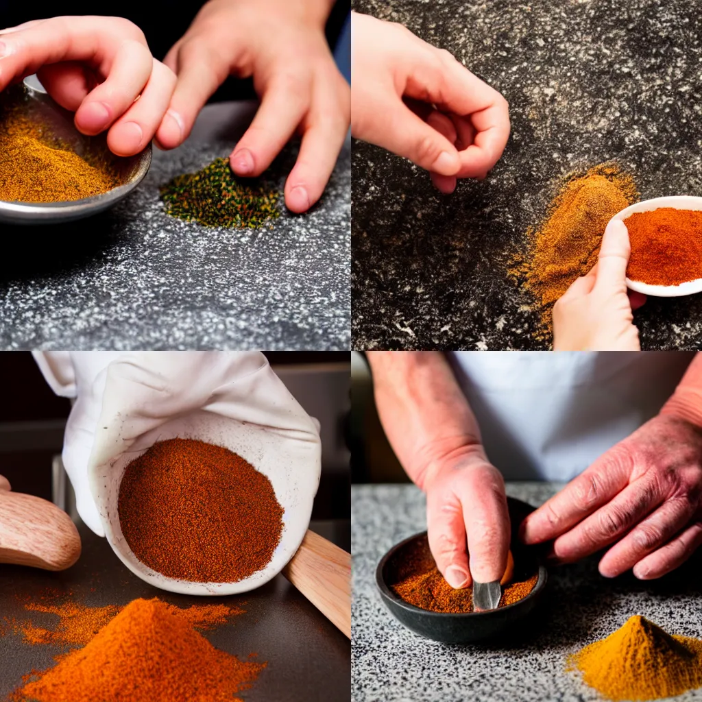 Prompt: photograph of a chef's hands seasoning a calico cat with spices on a granite countertop