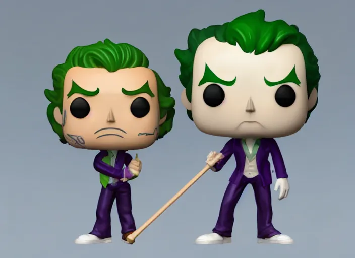 Prompt: full body 3 d render of the joker as a funko pop playing pool, studio lighting, white background, blender, trending on artstation, 8 k, highly detailed