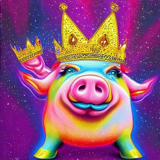 Image similar to lisa frank dancing pig wearing a gold crown painting by android jones