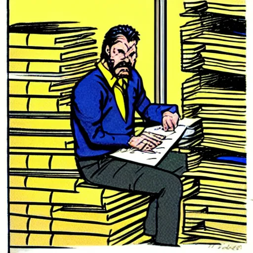 Prompt: tired man sitting behind a desk in a cubicle, papers stacked high by larry elmore