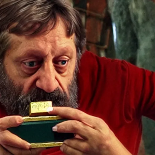 Prompt: film still of slavoj zizek holding a gold brick in the road to el dorado