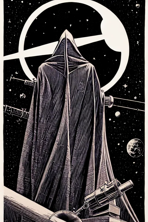 Image similar to cloaked wizard gazing into a telescope, high details, intricately detailed, by vincent di fate, inking, 3 color screen print, masterpiece, trending on artstation,, sharp, details, hyper - detailed, hd, 4 k, 8 k