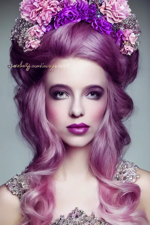 Prompt: lovely regal queen, portrait, updo of blonde and pink ombre hair, crown, flowerpunk, crystal coated violet flowers, by Natalie Shau