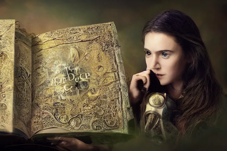 Prompt: a young woman embarks on a fantastical journey of self-discovery after finding a mysterious book. Photo-realistic HD, hyperrealism, colourful, highly detailed, cinematic, luminescence, 32k, DoP, high contrast, intricate, mystery, epic, fantasy