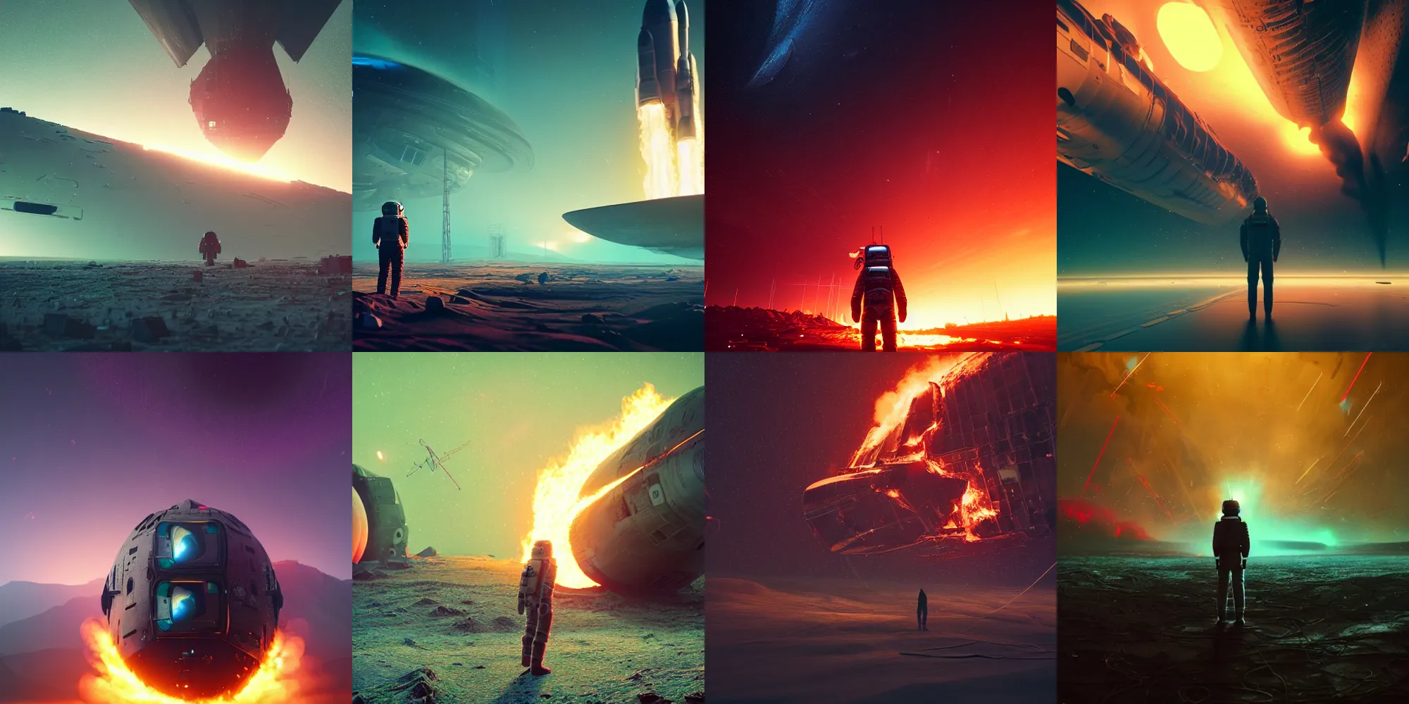 Prompt: beautiful dark landscape, astronaut standing looking, wrecked spacecraft destroyed on fire, in the style of beeple and Mike Winkelmann, intricate, epic lighting, cinematic composition, hyper realistic, 8k resolution, unreal engine 5,