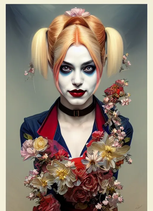 Prompt: symmetry portrait of floral harley quinn, intricate, elegant, highly detailed, digital painting, artstation, concept art, smooth, sharp focus, illustration, art by artgerm and greg rutkowski and alphonse mucha, 8 k