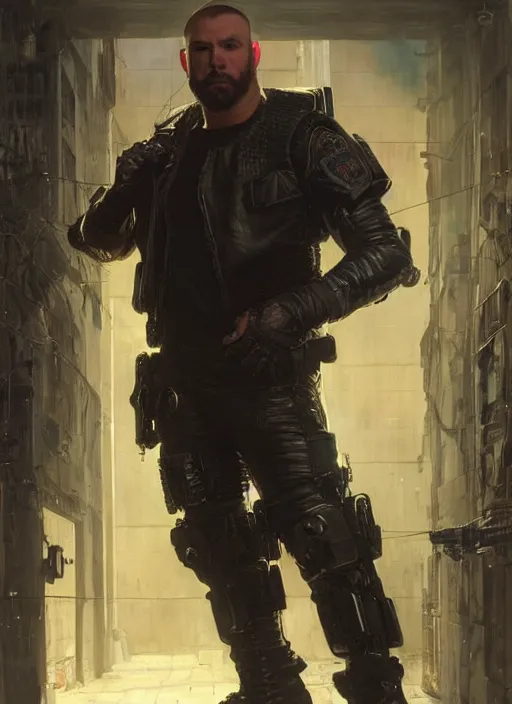 Prompt: big mike. cyberpunk professional wrestler wearing a military vest and combat gear. (Cyberpunk 2077, bladerunner 2049). Round face. Iranian orientalist portrait by john william waterhouse and Edwin Longsden Long and Theodore Ralli and Nasreddine Dinet, oil on canvas. Cinematic, hyper realism, realistic proportions, dramatic lighting, high detail 4k