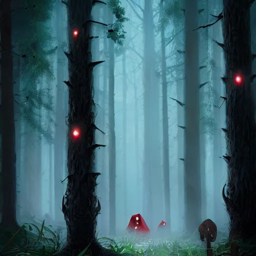 Image similar to dark forest tall trees, glowing eyes all around, little red riding hood is norse god, pixar style, trending artstation, super realistic detail