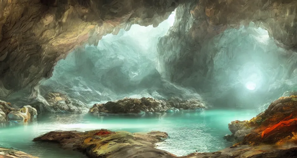 Image similar to a river in a marble cave system with big tea cups floating down it carrying people, vivid colors, matte painting, 8K, concept art, mystical color scheme, trending on artstation