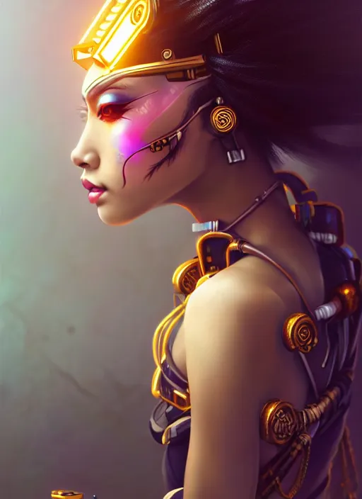 Prompt: soft lustrous ebony geisha seductive raver steampunk space cowgirl cyborg, golden ratio, details, scifi, fantasy, cyberpunk city, intricate, decadent, highly detailed, octane render, digital painting, artstation, concept art, sharp focus, illustration, art by artgerm, loish, wlop