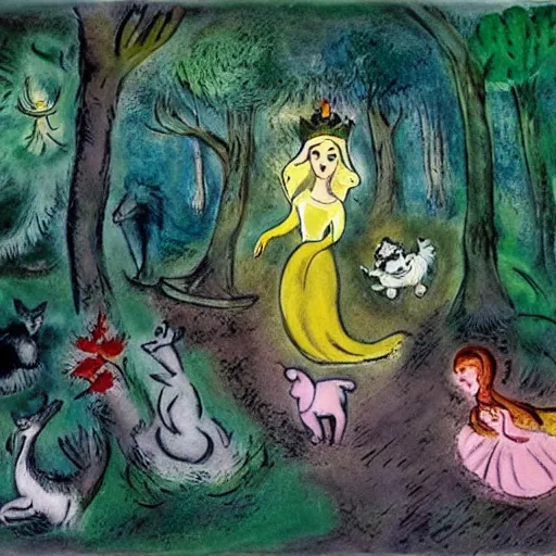 Image similar to A detailed mixed media art of Princess Aurora singing in the woods while animals look on. The colors are light and airy, with a hint of mystery in the shadows. The overall effect is dreamlike and fairy-tale like. by Walt Disney, by Marc Chagall