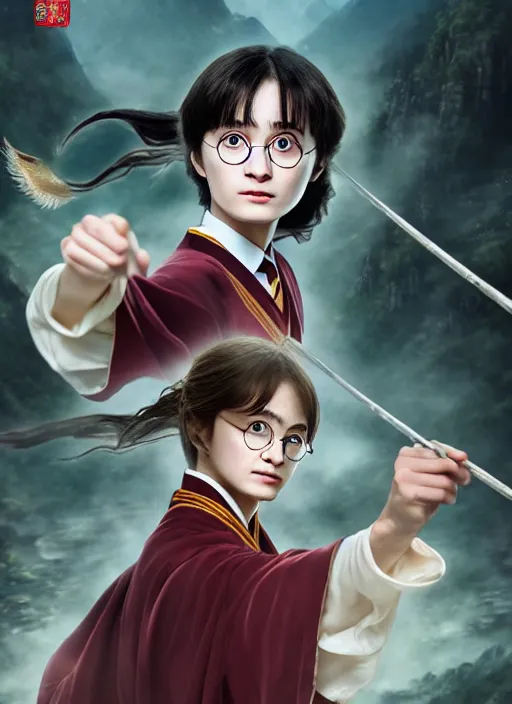 Prompt: harry potter as a girl, chinese fantasy, xianxia, magical dress, interesting angle, sharp focus, cute face, glasses, 8 k high definition, insanely detailed, intricate, intelligent, art by kazuya takahashi, fenghua zhong, sangsoo jeong, kevin hou