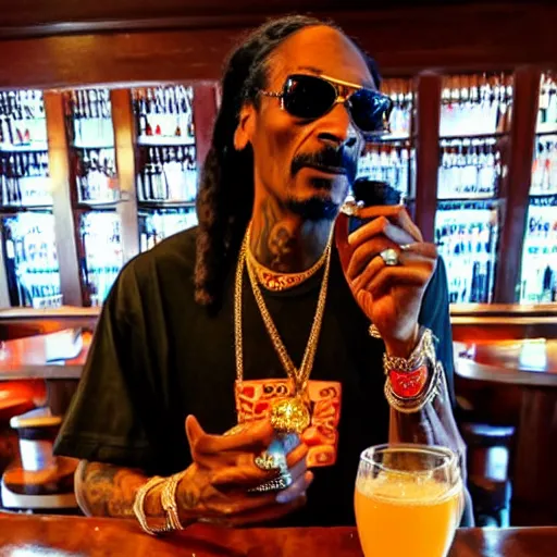 Prompt: snoop dogg at trader vic's bar holding a tiki mug with his face on it