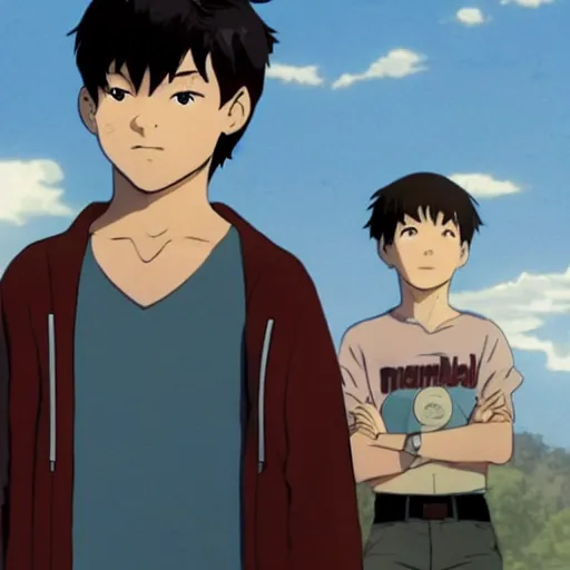 Image similar to Jon Kent superboy standing triumphantly. Anime still. Makoto shinkai. Kuvshinov ilya.