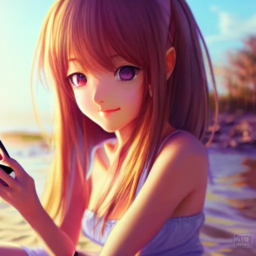 Image similar to beautiful serene intricate very detailed portrait of a realistic anime girl taking a selfie, smiling softly, wearing casual clothes, relaxing on the beach, golden hour, soft focus, 8 k, art by irakli nadar, hyperrealism, hyperdetailed, ultra realistic