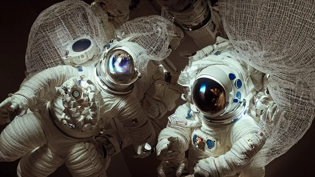 Image similar to a single astronaut eva suit interwoven with diamond 3d fractal lace iridescent bubble 3d skin and covered with insectoid compound eye camera lenses floats through the living room, film still from the movie directed by Denis Villeneuve with art direction by Salvador Dalí, wide lens,