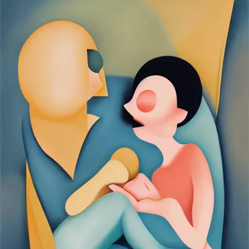 Image similar to abstract figurative art, style, lovers eat, rebecca sugar, pears, dreamy, muted, pastel colors