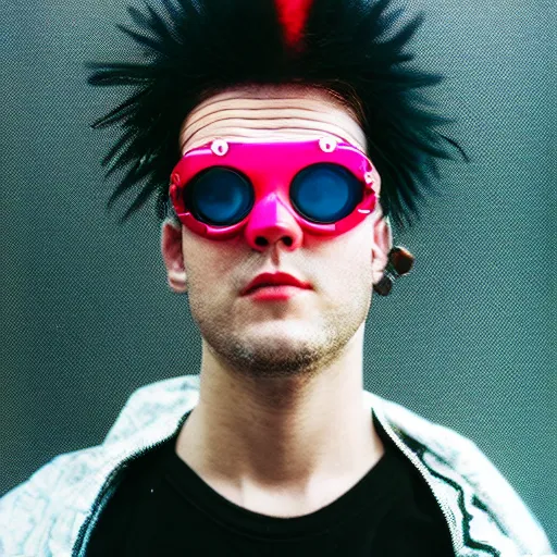 Image similar to kodak ektar 1 0 0 photograph of a cybergoth guy wearing goggles and eclectic jewelry, moody lighting, telephoto, 9 0 s vibe, blurred background, vaporwave colors, faded!,