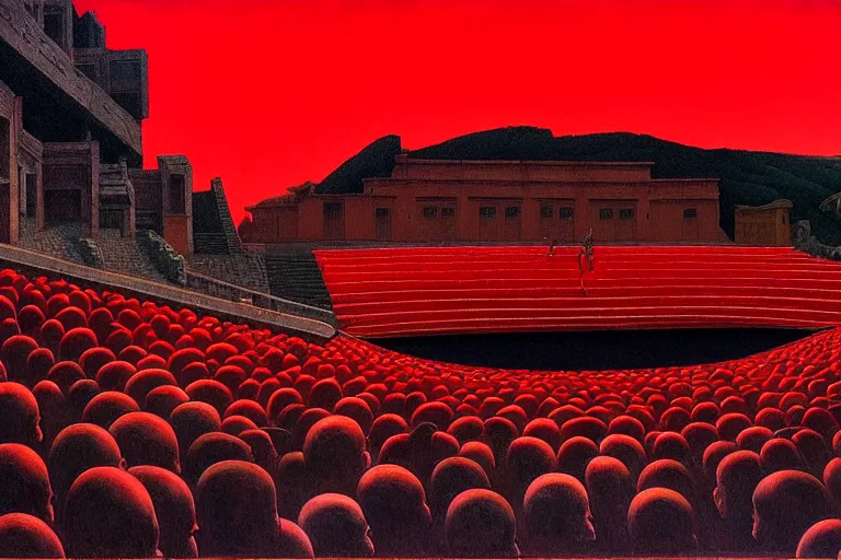 Image similar to only with red, a red great emperor, taormina amphitheatre, crowd with big smile, in the style of beksinski, parts by edward hopper, parts by rodcenko, parts by yue minjun, intricate and epic composition, red by caravaggio, insanely quality, highly detailed, masterpiece, red light, artstation, 4 k