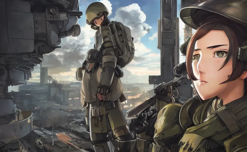 Image similar to front portrait of mechanized soldier girl, anime style, urban in background, soldier clothing, combat helmet, short hair, hair down, symmetrical facial features, from arknights, hyper realistic, 4 k, rule of thirds, extreme detail, detailed drawing, trending artstation, hd, d & d, realistic lighting, by alphonse mucha, greg rutkowski