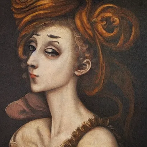 Image similar to renaissance oil painting, rococo, manga skinny creepy female painting like a mad woman