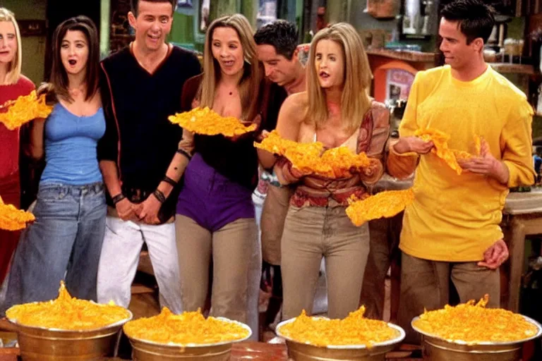 Image similar to the episode of Friends where everyone gets covered in nacho cheese