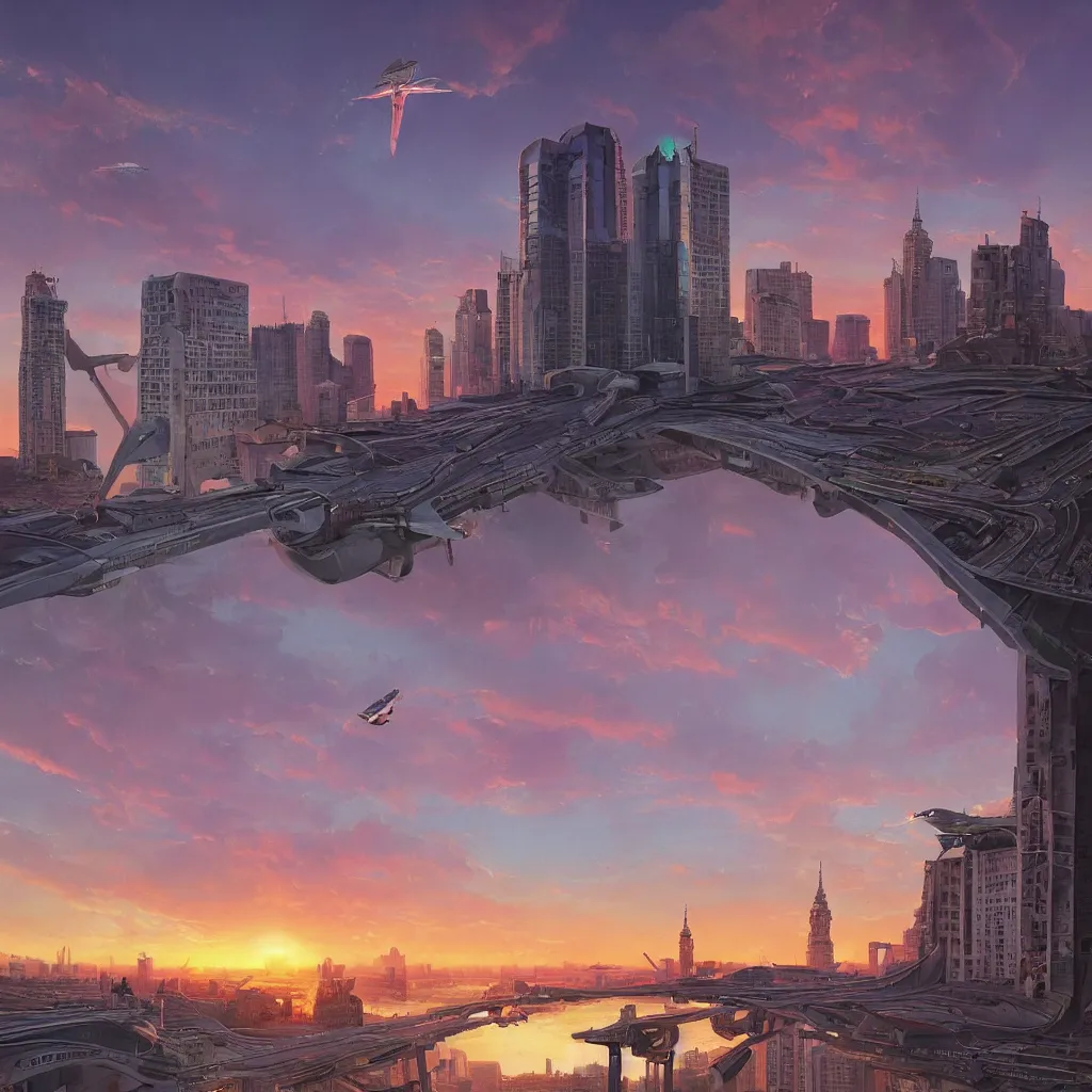 Image similar to sunset over warsaw, science fiction, extremely detailed, sharp focus, pastel colors, intricate, hard light, illustration, volumetric lighting, digital painting, by roger dean, by santiago calatrava, by simon stalenhag