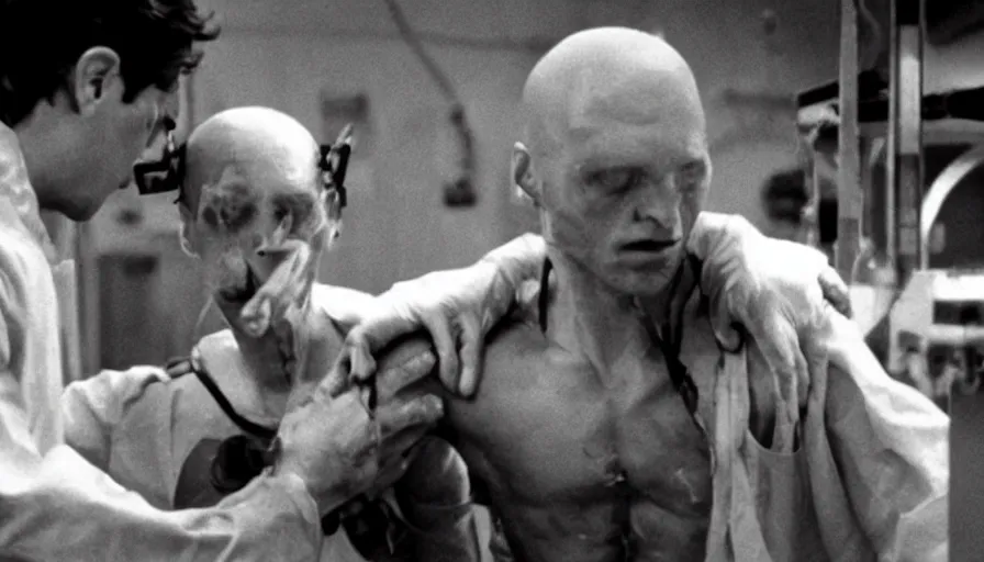 Image similar to Screenshot from a Ridley Scott film, it shows an android in a weapons lab strangling the scientist who created him.