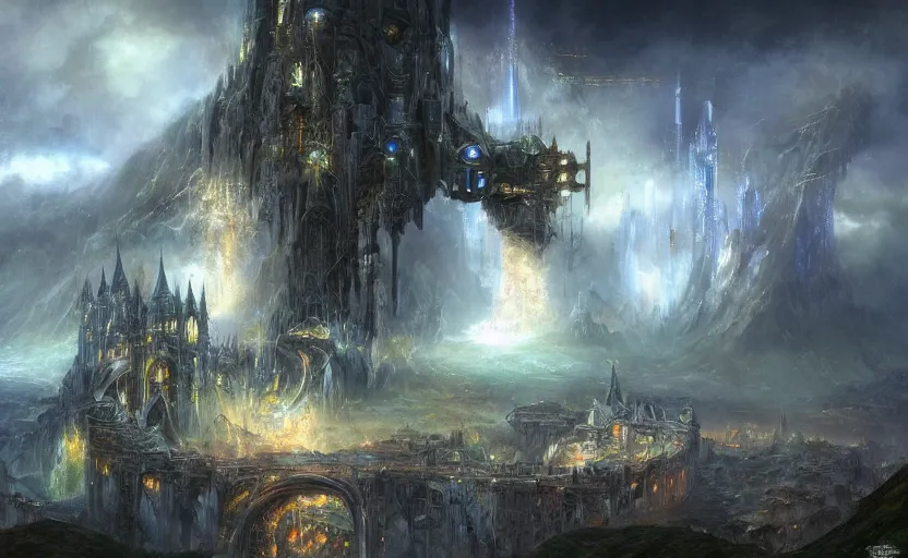 Image similar to mech robot futuristic, beautiful secret city of the elves gondolin on top of a mountain, magical gloomy mystical, under attack. by konstantin razumov, fractal flame, chiaroscuro, highly detailded,