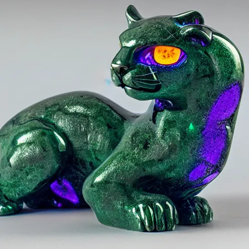 Prompt: Emerald Jaguar sculpture with glowing purple eyes