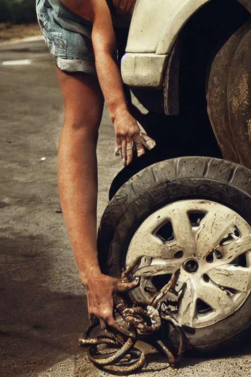 Image similar to A bodouir photo of a beautiful woman with brown hair changing a tire, by Annie Lebovitz and Steve McCurry, grungy, weathered Ultra detailed, hyper realistic, 4k