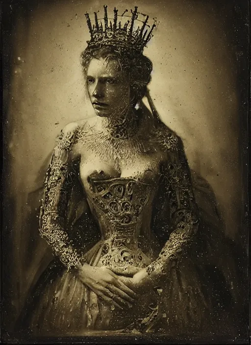 Image similar to old wetplate daguerreotype portrait of the birth of queen elisabeth cyborg, explosion of data fragments, fractal, intricate, elegant, highly detailed, parallax, leica, medium format, subsurface scattering, by jheronimus bosch and greg rutkowski and louis jacques mande daguerre