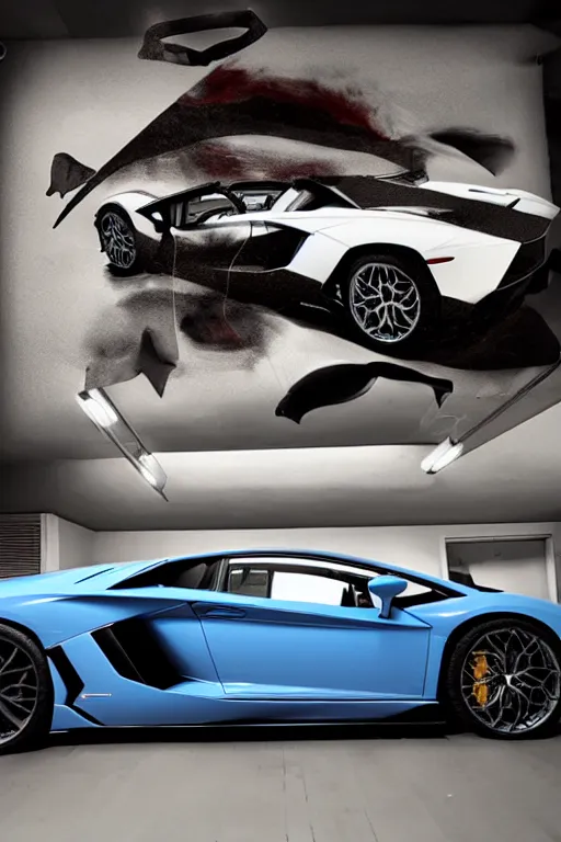 Image similar to Lamborghini Aventador with a vinyl wrap of a Dali Painting, studio lighting.