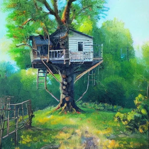 Image similar to treehouse in the countryside on a sunny day, peaceful, dreamy, brush strokes, oil painting