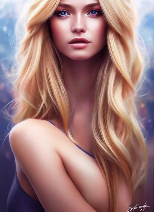 Image similar to image of a gorgeous female with long blonde hair in the style of stefan kostic, realistic, full body shot, wide angle, sharp focus, 8 k high definition, insanely detailed, intricate, elegant, art by stanley lau and artgerm, floating embers