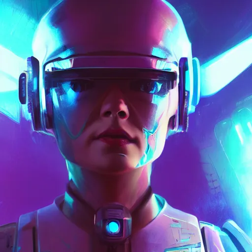 Image similar to cyberpunk concept cool warrior girl bot, galaxy, ufo, space sci - fi, wearing vr goggles, illustration, portrait, pastel neon textured background night, trending on artstation, greg rutkowski, octane rendered, 1 2 k, detailed,