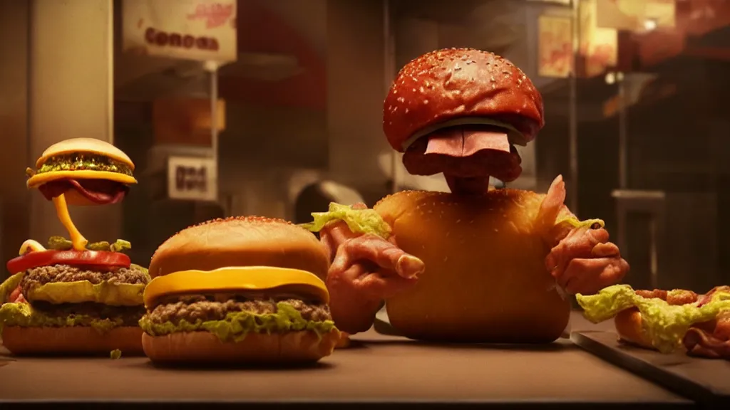 Image similar to the cheeseburger creature at the fast food restaurant, they steal my food, film still from the movie directed by denis villeneuve and david cronenberg with art direction by salvador dali and zdzisław beksinski, wide lens