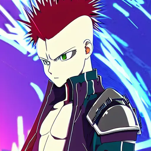 Image similar to beautiful cyberpunk anime boy spiked hair character metal sharp armor award winning character design by studio ghibli h 6 4 0