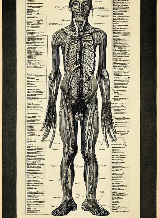 Image similar to “ a print of a medical textbook diagram of a mutated humanoid by max klinger, extremely detailed ”