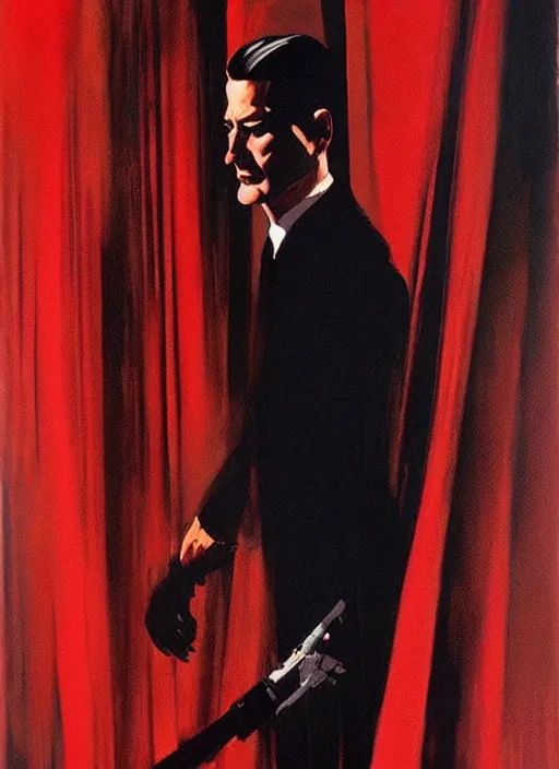 Image similar to agent dale cooper, red curtains, mysterious!! painting by phil hale, 'action lines'!!!, graphic style, visible brushstrokes, motion blur, blurry