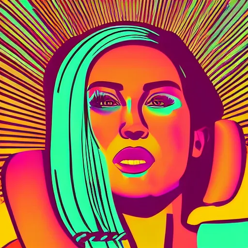 Prompt: a closeup of a woman in retro colors, synthwave style, 2 d digital vector art