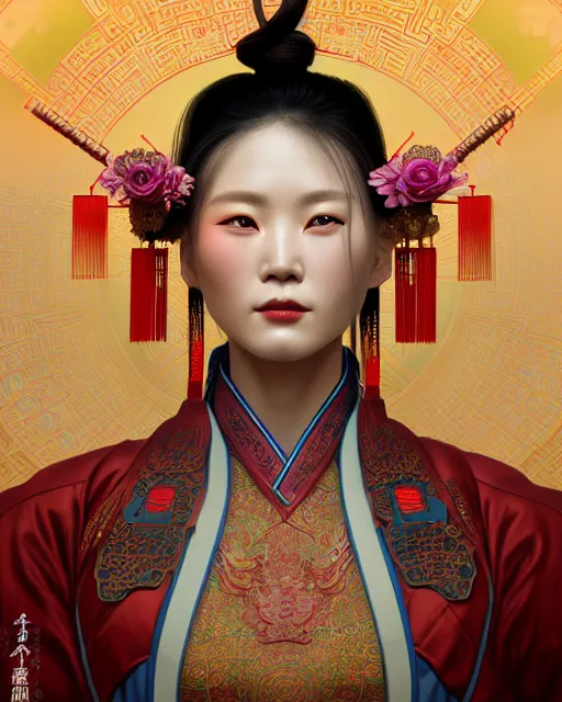 Image similar to portrait of a chinese cyberpunk machine, machine face, robed, upper half portrait, decorated with chinese opera motifs, regal, asian, fine china, wuxia, traditional chinese art intricate intense elegant 京 剧 highly detailed digital painting artstation concept art smooth sharp focus illustration, art by artgerm and greg rutkowski alphonse mucha 8 k