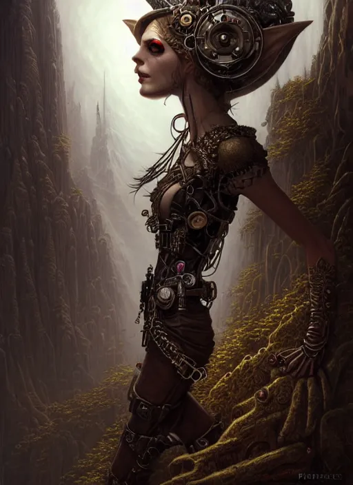 Image similar to portrait shot of steampunk evil elf in a scenic dystopian environment, intricate, elegant, highly detailed, centered, digital painting, artstation, concept art, smooth, sharp focus, illustration, artgerm, tomasz alen kopera, peter mohrbacher, donato giancola, joseph christian leyendecker, wlop, boris vallejo